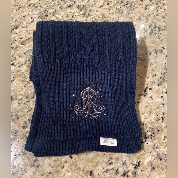 Ralph Lauren black label embellished cable knit scarf navy wool blend - Picture 1 of 4
